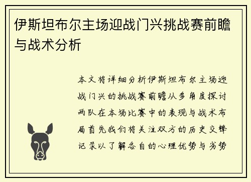 伊斯坦布尔主场迎战门兴挑战赛前瞻与战术分析